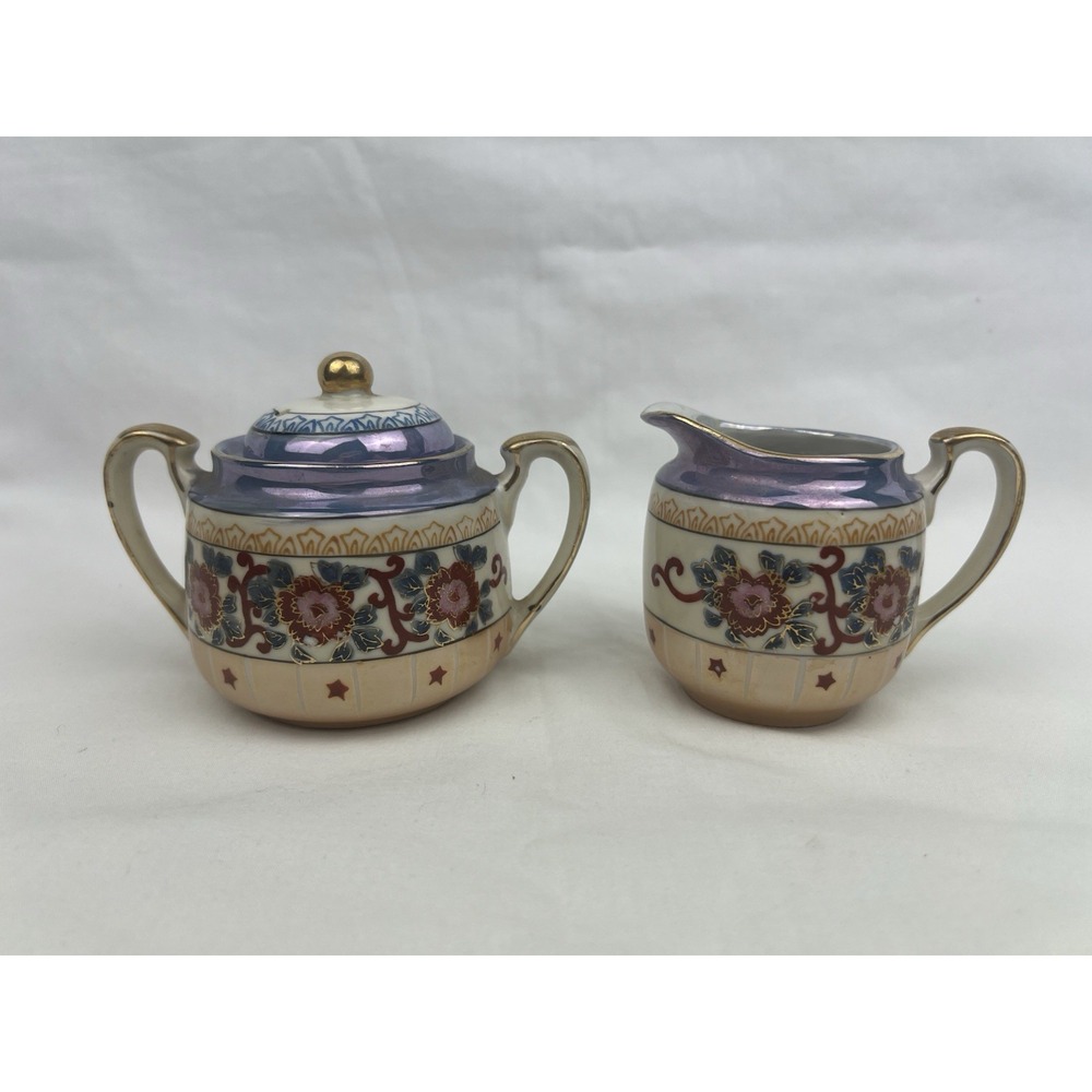 VTG Lusterware Japan Sugar Bowl + Creamer‎ Blue and Peach Hand Painted Floral